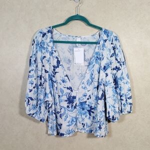 2/$10 04194 H&M white w/blue floral linen blend cropped blouse XXL NWT